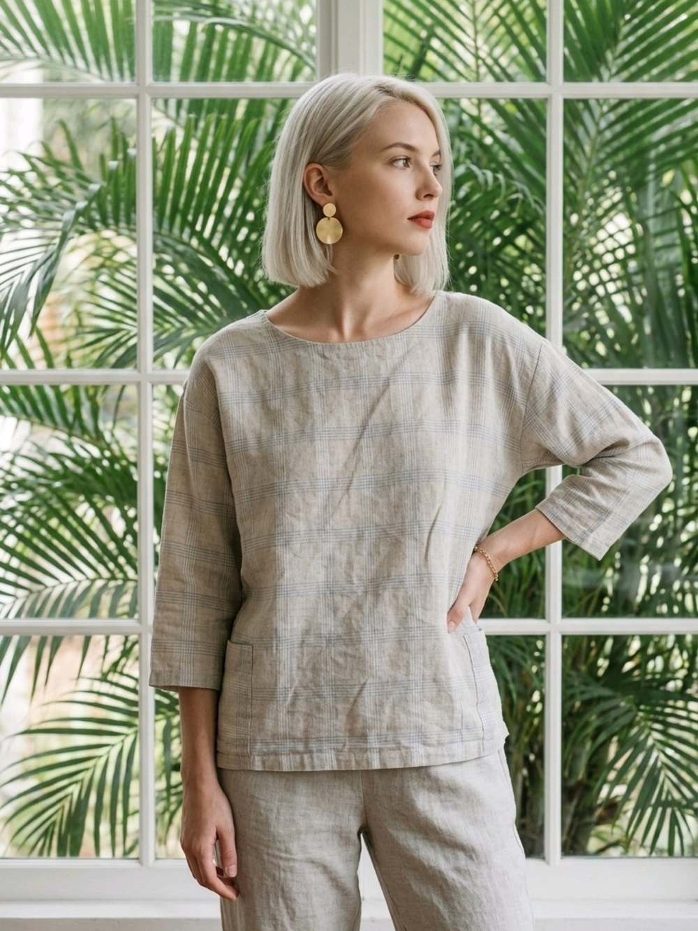 Eileen Fisher Neutral Plaid Boxy Linen-Blend Tunic